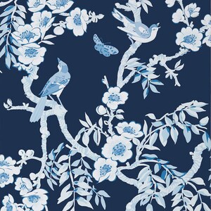 May include: A blue and white floral pattern with birds and butterflies on a dark blue background. The design features stylised branches, leaves, and flowers.