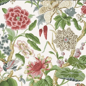 May include: A white background with a floral pattern featuring pink, red, green, and brown flowers. The flowers are stylized and have a vintage look.