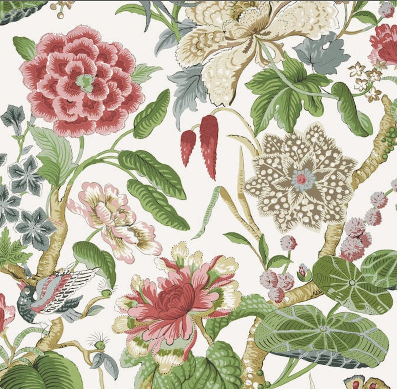 May include: A white background with a floral pattern featuring pink, red, green, and brown flowers. The flowers are stylized and have a vintage look.