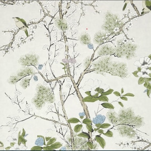 May include: A white background with a delicate floral design featuring white blossoms, green leaves, and blue flowers. The design includes a small bird perched on a branch.