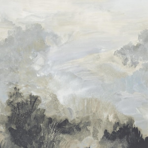 May include: A watercolor painting of a misty landscape with a light blue sky and a hazy, white foreground. The painting features a variety of shades of gray and white, creating a sense of depth and atmosphere.