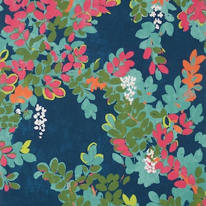 May include: A teal blue background with a repeating pattern of green, pink, and white floral designs. The floral pattern is stylized and abstract.