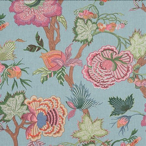 May include: A blue fabric with a floral pattern. The flowers are pink, orange, and green. The pattern is intricate and detailed.