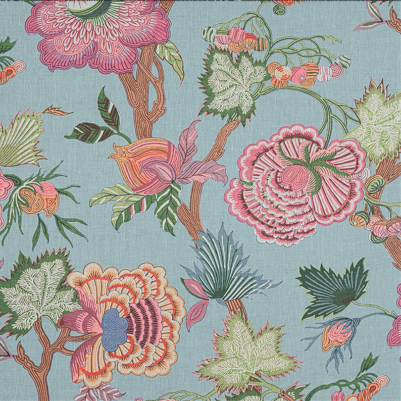 May include: A blue fabric with a floral pattern. The flowers are pink, orange, and green. The pattern is intricate and detailed.