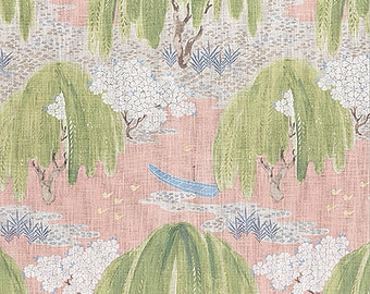 May include: A fabric pattern featuring a repeating landscape design on a dusty pink background. The print includes green weeping willow trees, white flowering bushes, small blue boats, and patches of grey textured ground with blue grass accents.