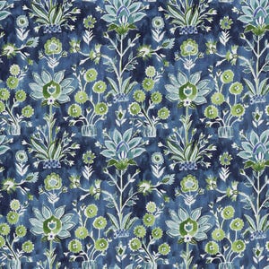 May include: A repeating pattern of stylized floral designs in shades of blue and green on a dark blue background. The design features large, ornate flowers and smaller, more delicate blossoms, creating a textured, artistic look.