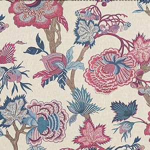 May include: A floral fabric pattern with pink, blue, and brown flowers on a white background.
