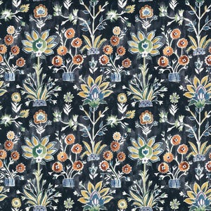 May include: Dark navy fabric with a repeating floral pattern. The design features stylized flowers in shades of yellow, orange, and blue, set against a dark background. The pattern includes detailed leaves and stems, creating a textured, artistic look.