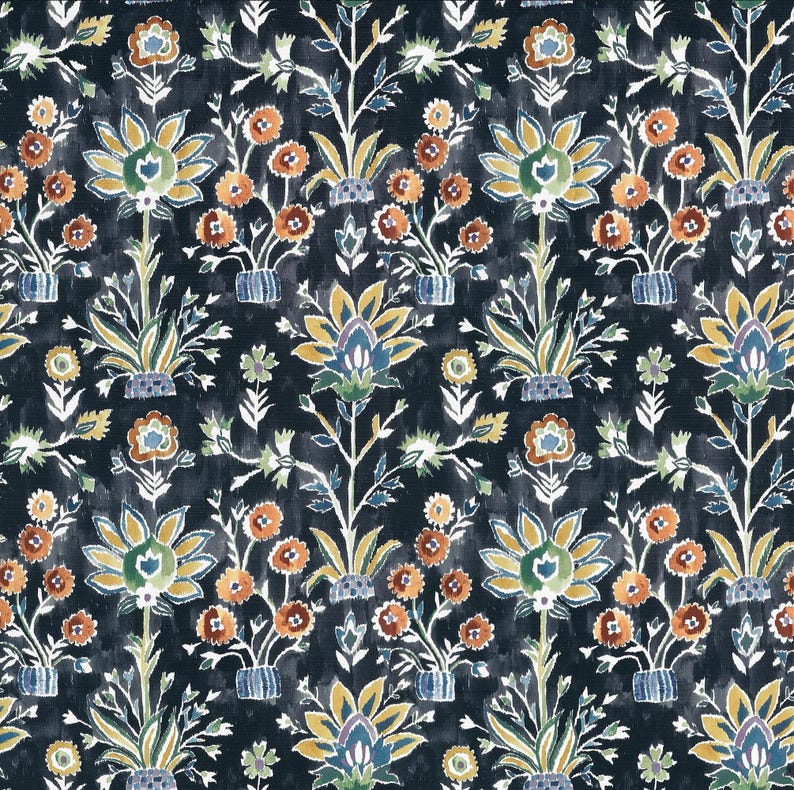 May include: Dark navy fabric with a repeating floral pattern. The design features stylized flowers in shades of yellow, orange, and blue, set against a dark background. The pattern includes detailed leaves and stems, creating a textured, artistic look.