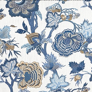 May include: Blue and brown floral pattern on a white background. The pattern features stylized flowers, leaves, and branches.