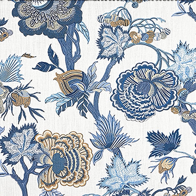May include: Blue and brown floral pattern on a white background. The pattern features stylized flowers, leaves, and branches.