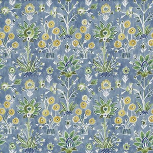 May include: A repeating pattern of stylized floral elements in shades of green, yellow, and blue. The design features symmetrical arrangements of flowers and foliage against a textured blue background, creating a watercolor effect. The pattern is suitable for fabric or wallpaper.