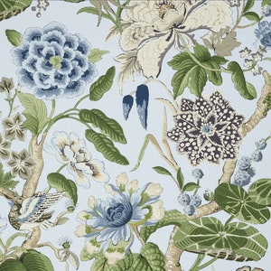 May include: A blue and green floral pattern with a light blue background. The pattern features various flowers, leaves, and a bird.