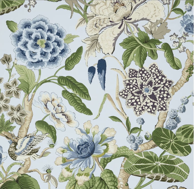 May include: A blue and green floral pattern with a light blue background. The pattern features various flowers, leaves, and a bird.