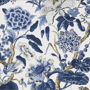 May include: A white background with a blue and white floral pattern. The flowers are large and intricate, with a variety of shapes and sizes. The leaves are also blue and white, and they are arranged in a flowing, organic pattern.