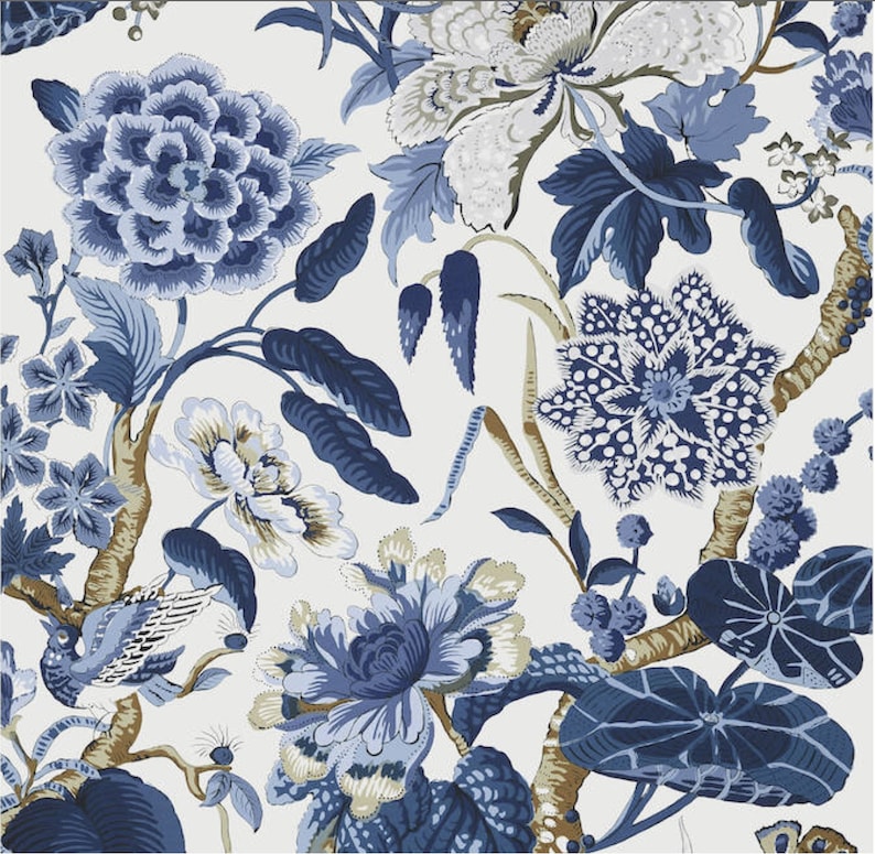 May include: A white background with a blue and white floral pattern. The flowers are large and intricate, with a variety of shapes and sizes. The leaves are also blue and white, and they are arranged in a flowing, organic pattern.