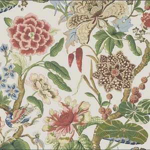 May include: A white background with a repeating pattern of colorful flowers and leaves. The flowers are in shades of red, pink, brown, and blue. The leaves are green and brown.