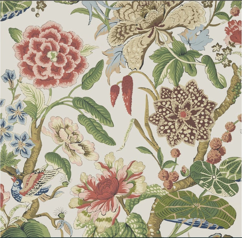May include: A white background with a repeating pattern of colorful flowers and leaves. The flowers are in shades of red, pink, brown, and blue. The leaves are green and brown.