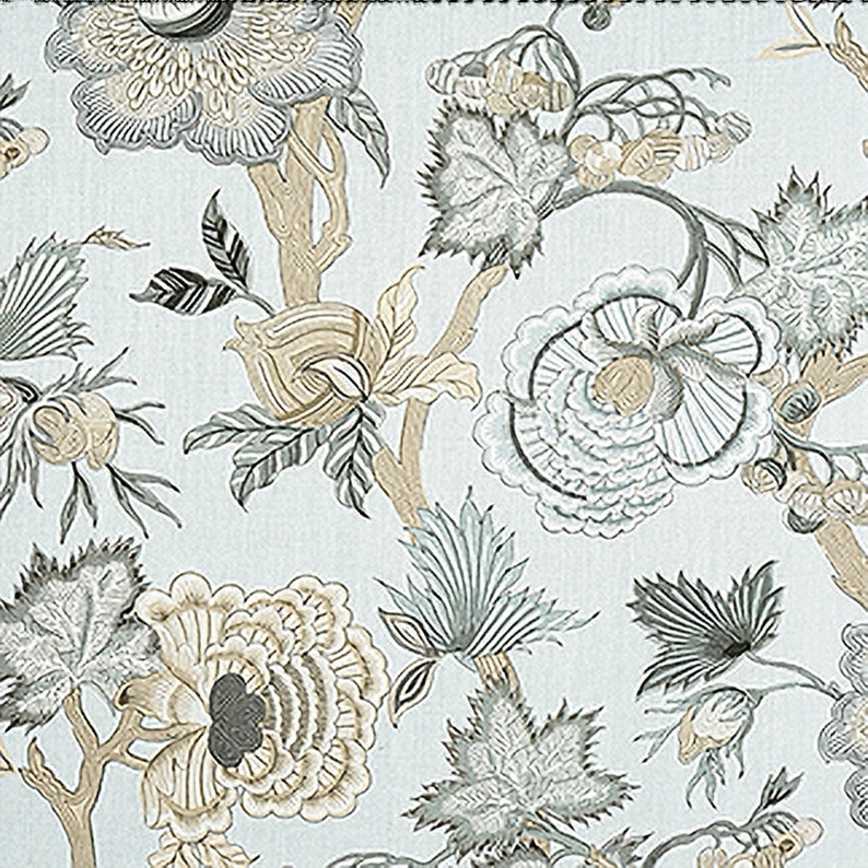 May include: A light blue fabric with a floral pattern. The flowers are in shades of gray, beige, and light blue. The pattern is intricate and detailed.