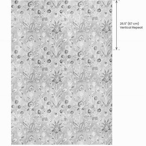 May include: Gray fabric with a floral pattern. The fabric width is 53.5 inches (136 cm), with a vertical repeat of 26.5 inches (67 cm) and a horizontal repeat of 26.5 inches (67 cm). The design features stylized flowers and foliage.