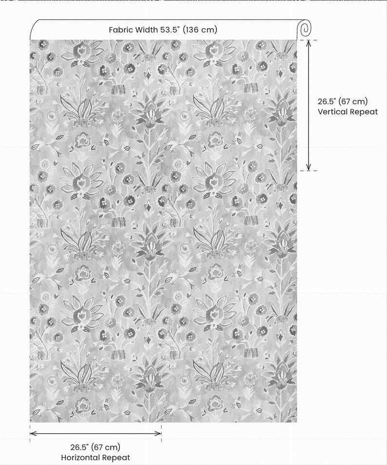 May include: Gray fabric with a floral pattern. The fabric width is 53.5 inches (136 cm), with a vertical repeat of 26.5 inches (67 cm) and a horizontal repeat of 26.5 inches (67 cm). The design features stylized flowers and foliage.