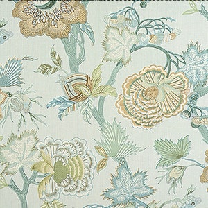 May include: A light blue fabric with a repeating pattern of stylized flowers in shades of green, brown, and beige. The flowers have a delicate, intricate design.