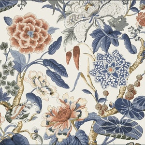 May include: A white background with a repeating pattern of blue, brown, and pink floral designs. The flowers are stylized and have a vintage feel.