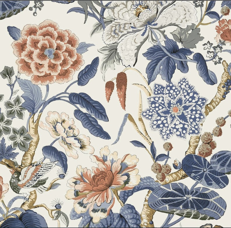 May include: A white background with a repeating pattern of blue, brown, and pink floral designs. The flowers are stylized and have a vintage feel.