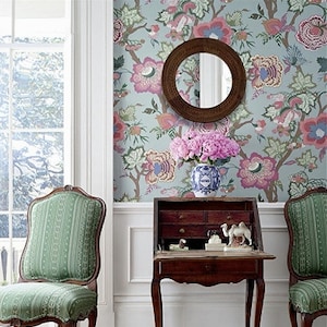 Thibaut Indienne Jacobean Wallpaper: Blue, White, Green and Raspberry Floral.