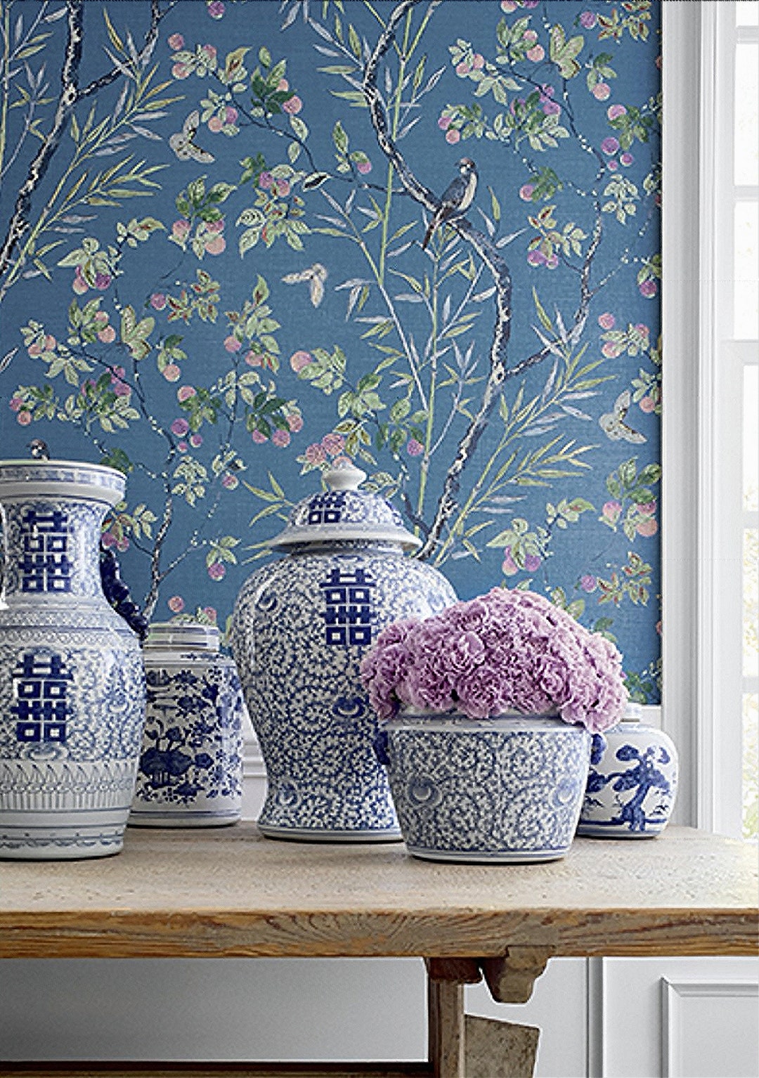 Thibaut Claire Wallpaper, Birds and Butterflies, Designer Wallpaper
