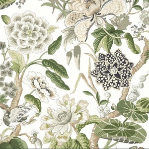 May include: A seamless pattern featuring a white background with green, brown, and black floral designs. The pattern includes various flowers, leaves, and branches.