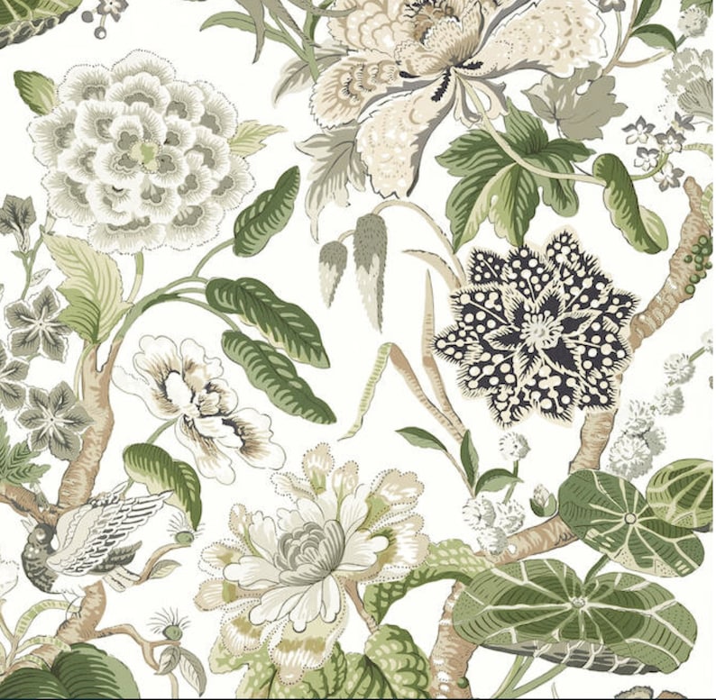 May include: A seamless pattern featuring a white background with green, brown, and black floral designs. The pattern includes various flowers, leaves, and branches.