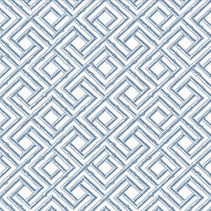 May include: A seamless pattern of blue bamboo latticework on a white background. The pattern is made up of overlapping squares and rectangles, creating a geometric design.