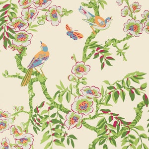 May include: A floral pattern featuring white flowers, green leaves, and pink branches. Two colourful birds are perched on the branches, and a butterfly is flying in the air.