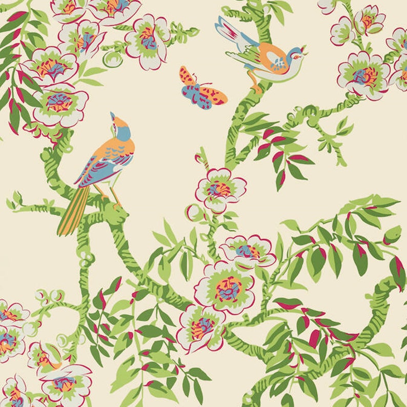 May include: A floral pattern featuring white flowers, green leaves, and pink branches. Two colourful birds are perched on the branches, and a butterfly is flying in the air.