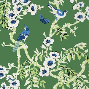 May include: A green background with white flowers and blue birds. The flowers have white petals and blue centres. The birds are perched on branches with white bark. The branches are intertwined with green leaves.