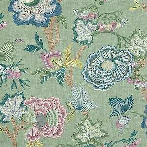 May include: A green fabric with a floral pattern featuring blue, pink, and yellow flowers. The flowers are stylized and have a whimsical, almost cartoonish look. The fabric has a textured surface.