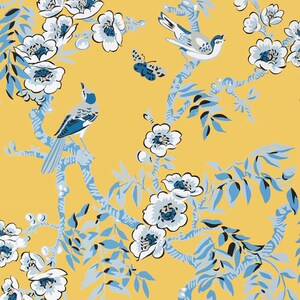 May include: A yellow background with a blue and white floral pattern and blue birds. The flowers are stylised and have a white centre with a blue centre. The birds are perched on branches.