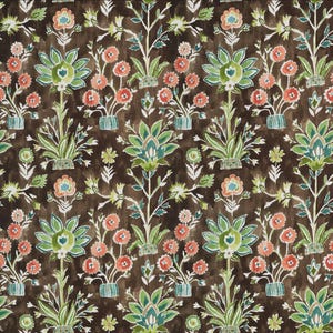 May include: A repeating pattern of stylized floral designs in shades of brown, green, and coral. The design features large, central flowers and smaller floral arrangements, creating a symmetrical and decorative textile pattern.
