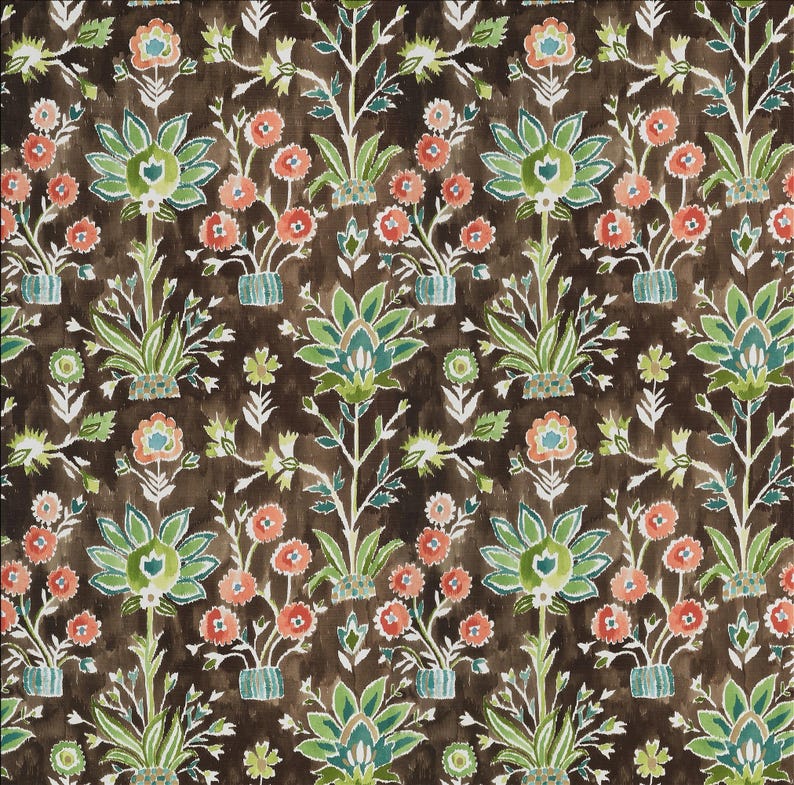 May include: A repeating pattern of stylized floral designs in shades of brown, green, and coral. The design features large, central flowers and smaller floral arrangements, creating a symmetrical and decorative textile pattern.