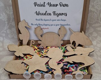 Paint your Own PYO Sea Animals Paintable Craft kit - Childs DIY Painting Kit - Wooden Cut-Outs - Gift for Half Term or Parties