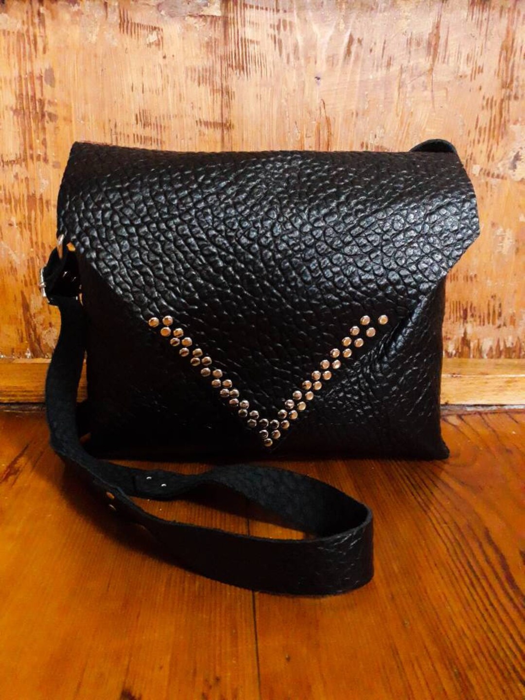 Studded Genuine Leather Black Handbag
