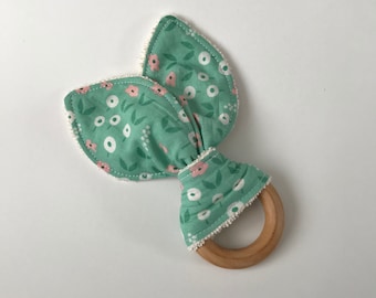 Mint Floral Snails, Organic Teething Ring, Teething Toy, Bunny Ears, Maple Wood Teether, Baby Toy, Baby Gift, Baby Shower