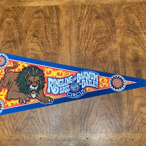 1980s Ringling Brothers and Barnum and Bailey Circus Felt Pennant with Lion Graphic