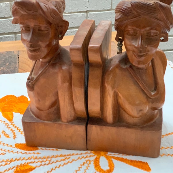 Heavy, vintage hand-carved Wooden Bookends (tribal women)