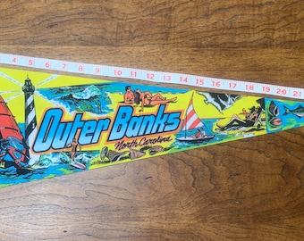 1970s Vintage Felt Pennant Outer Banks North Carolina— a Trench Manufacturing souvenir— Great colorful graphics! Parasailing, surfing, etc