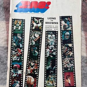 May include: Vintage program cover for the Lions vs. Browns football game, October 18, 1970. The cover features the word "RO!" in red and blue, with film strip-style images of players. The program cost $1.00.