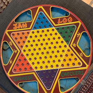 Könnte beinhalten: Ein rundes, vintage Spielbrett aus Metall mit einer sternförmigen Spielfläche. Das Brett hat fünf Abschnitte, jeder mit einer anderen Farbe und einem anderen Spielnamen: "SAN", "LOO", "CHECKERS", "CHINESE" und ein Abschnitt mit chinesischen Schriftzeichen. Das Brett ist braun mit gelben, orangefarbenen, roten, blauen, grünen und violetten Abschnitten.