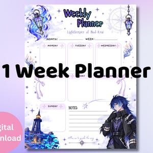 May include: A weekly planner page titled Weekly Planner Lightkeeper of Nod-Krai featuring blue lanterns, stars, and a character with blue hair in a dark outfit. The layout includes sections for Monday through Sunday, a notes area, and a lighthouse.