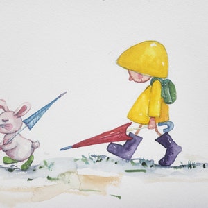 Rainy Day Walk, 12x9&quot; Original Watercolor